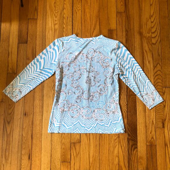 J. McLaughlin EUC Women's Light Sky Blue Scroll Print Long Sleeve Knit Top M - Picture 7 of 7